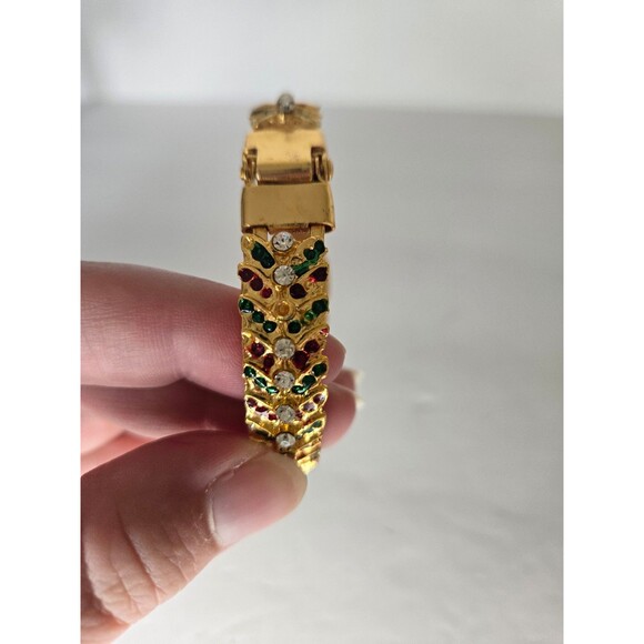 Gold Tone Clamper Bracelet Multicolored Rhinestones One Missing - Picture 7 of 8